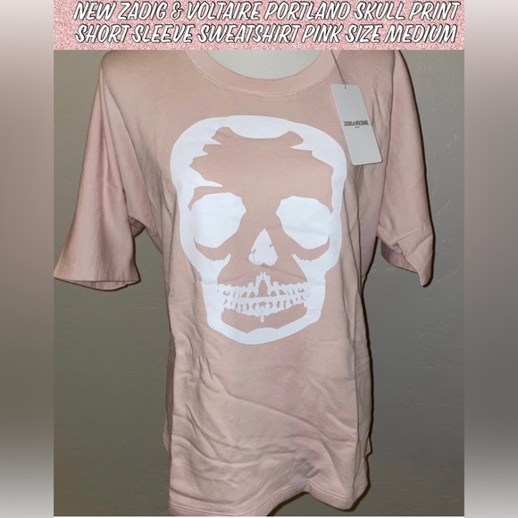 🎉HP🎉NEW Zadig & Voltaire Portland Skull Print Short Sleeve Sweatshirt Pink M🤍 - Picture 1 of 15